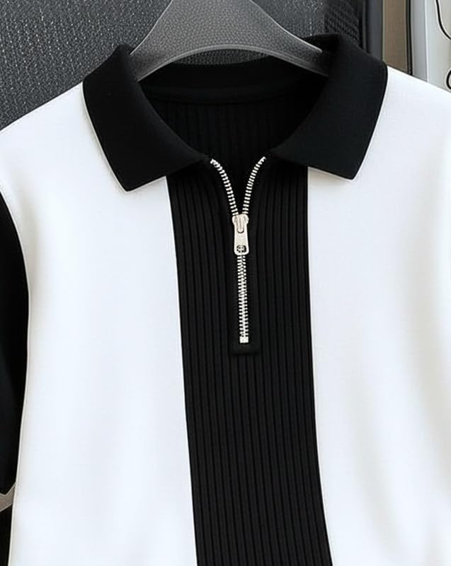 Image of AUSK Men's Textured Vertical Striped Knit Polo T-Shirt | Half Sleeve Zipper Neck Self-Design Casual Tee | Mens Tshirts