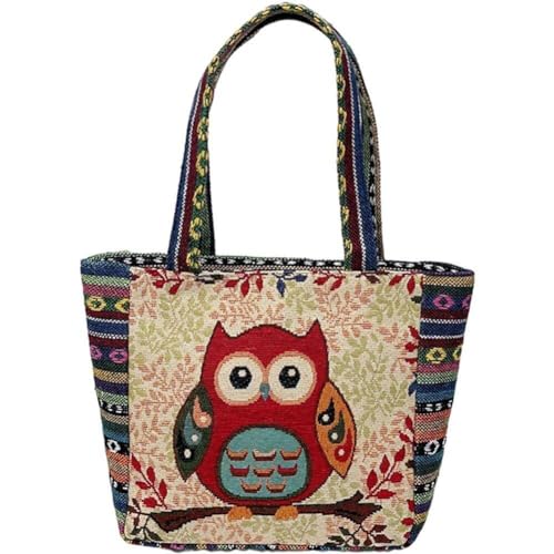 Glixoft Fourre-Tout Brodé pour Femmes, Sacs À Main Rétro Hibou Éléphant, Grande Capacité, De Shopping Réutilisable, À Bandoulière