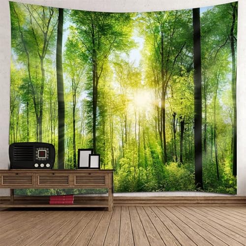 Tapisserie murale arbre et soleil déco maison : tenture paysage nature 150x150cm vert