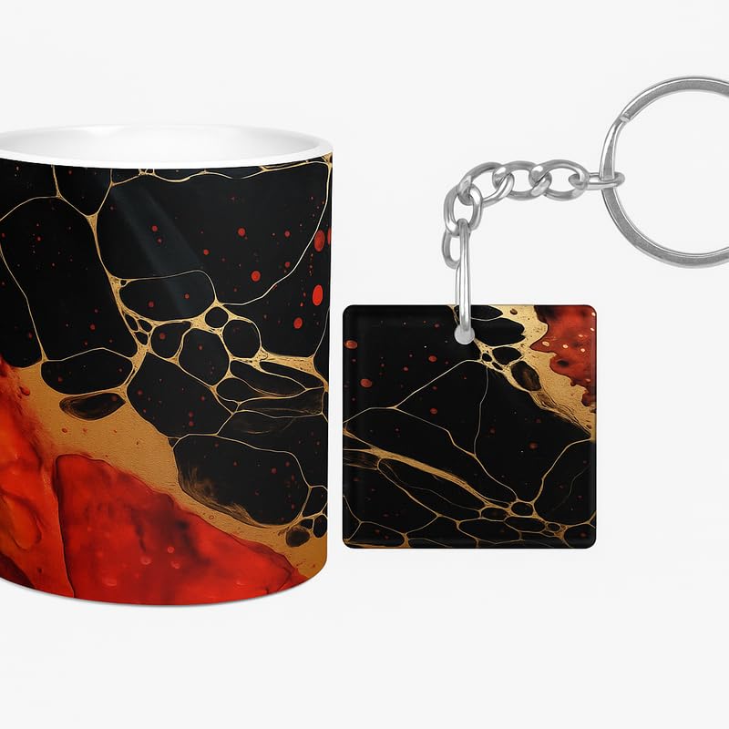 Image of Black Red Marble Ceramic Mug with Matching Keychain | 350 ML Coffee Mug Gift Combo | Elegant Designer Mug