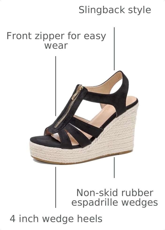 Image of Womens Front Zipper Espadrille Wedge Sandals Dressy, High Heel Platform Sandals Open Toe Slingback, Comfy Sexy Summer Wedges Sandals