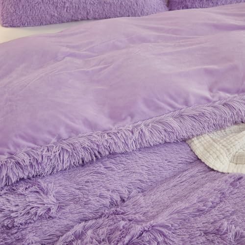 EMME Plüsch Bettwäsche Set 135x200cm Biber Flauschige Bettdecke Set für Bett Shaggy und Plüsch weiche Bettwäsche Bettbezüge und 1 Kissenbezug 80x80cm, Lila