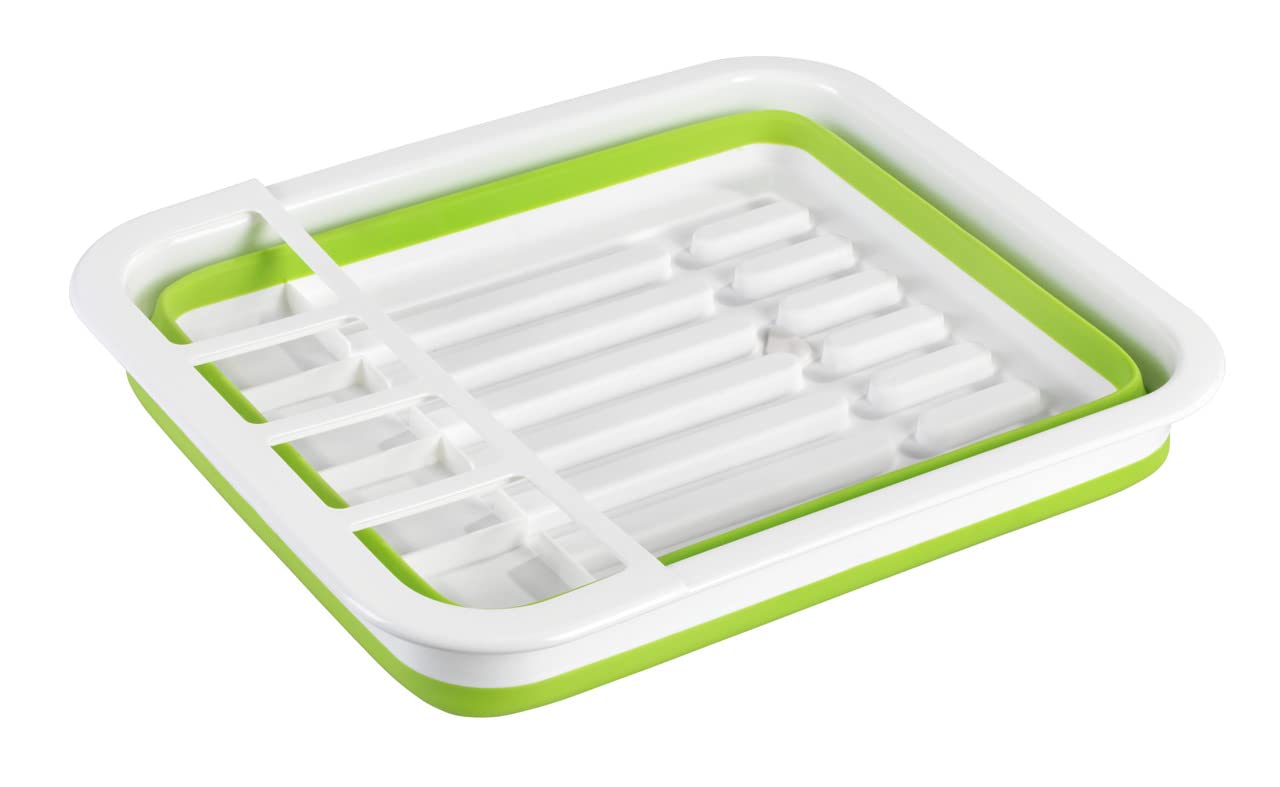WENKO Égouttoir pour Vaisselle Pliable Blanc/Vert - Support d'égouttage pour la Vaisselle et Les Couverts, Polypropylène, 36.5 x 13 x 31 cm, Blanc