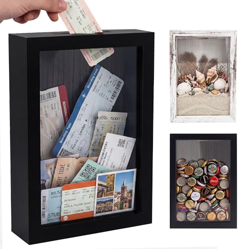 Image of GraduationMall 5x7 Top Loading Shadow Box Frame with HD Glass,Wood Display Case with Slot,1.25 inches Interior Depth,Ideal for Wine Bottle Caps,Tickets,Shells,Stamps and More,Black