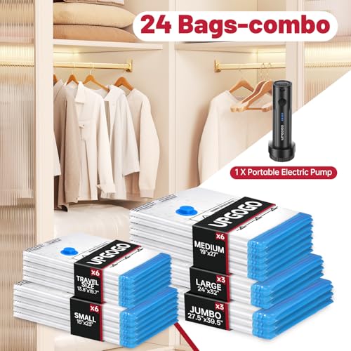 Image of UPGOGO Combo 24 Pack Vacuum Storage Bags with Portable Electric Pump,Vacuum Seal Bags for Clothing,Space Saver Bags,Vacuum Travel Bags for Luggage