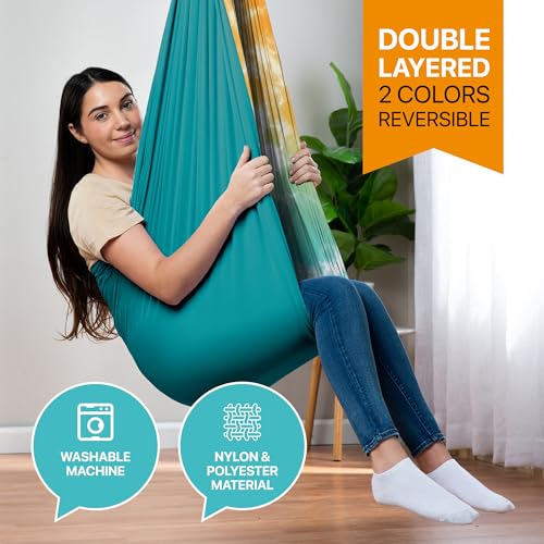Image of Indoor Sensory Swing for Kids or Outdoor - Holds 300lbs, Double-Layer, & 360 Swivel, Calming Compression Therapy Swing Hammock for Kids & Adults with All Hardware - Sensory-Motor Toys & Gifts