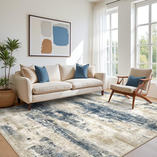 Area Rugs 6x9 for Living Room Bedroom, Modern Abstract Machine Washable Rug, Large Soft Low Pile Floor Cover with Non Slip Backing for Dining Room, Blue Beige