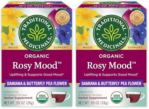 Image of Traditional Medicinals Organic, Rosy Mood, Damiana & Butterfly Pea Flower - Uplifting Mood Support - Kosher, Non-GMO, Caffeine-Free, Compostable - 16 Tea Bags (Pack of 2)