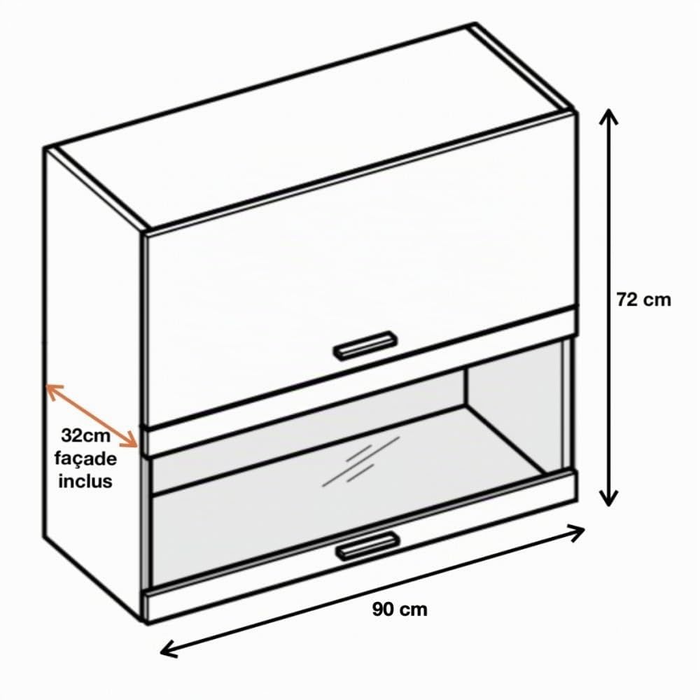 Cuisineandcie - Meuble haut de cuisine Bellissi Blanc Brillant 2 portes relevables avec vitre opaque L 90 cm