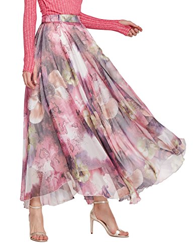 Chartou Women's Elegant Summer Full Length Boho Floral Print Pleated Chiffon Long Maxi Skirt Dress (Purple, Large) #TOP10