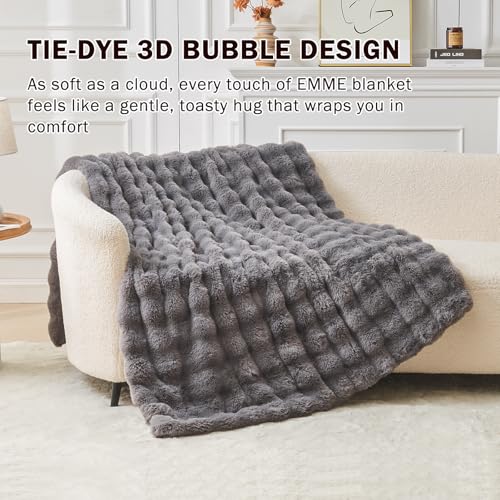 Image of EMME Faux Fur Blanket Twin Size Dark Gray - Big Bubble Rabbit Cozy Blanket for Couch, Thick Furry Plush Shaggy Blankets, 650GSM, 60x80 Inches