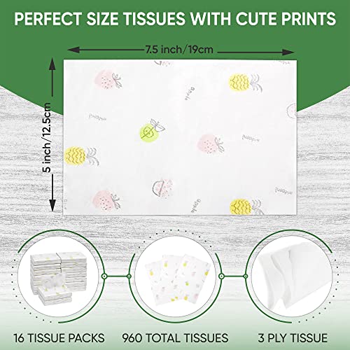 Facial Tissues Packs, Pocket Tissues Travel Size Mini Cute Print Designed 3 Ply Tissue For Kid School Travel Camping Office Store Car Bulk Wedding Party Favors Supplies, 16 Packs Of 960 Total Tissues #TOP2