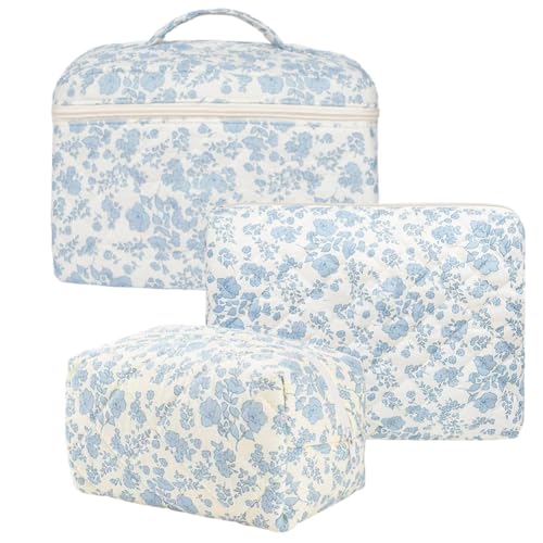 FITINI Makeup Bag Travel Large Quilted Toiletry Bag 3 Pack Portable Cosmetic Organizer Pouch with Small Brush Storage Case Zipper Waterproof for Women,Blue Flower