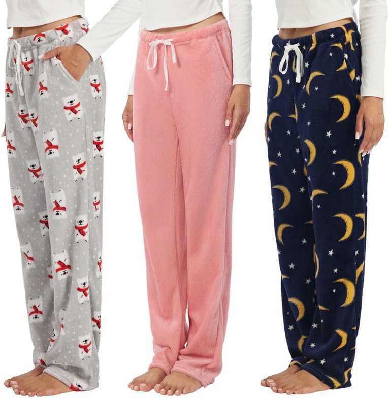 3-Pack Womens Fuzzy Pajama Pants – Soft Plaid PJ Bottoms with Pockets, Cozy Fleece Lounge Sleepwear Pants
