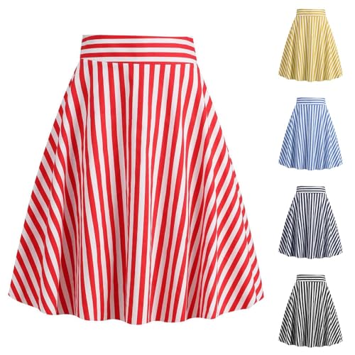 Rockabilly Rock Damen Vintage 50er Rote Weiße Gestreift Faltenrock Elastische Hohe Taille Swing Glockenrock Elegant Rockabilly Kleider Ausgestellt A...