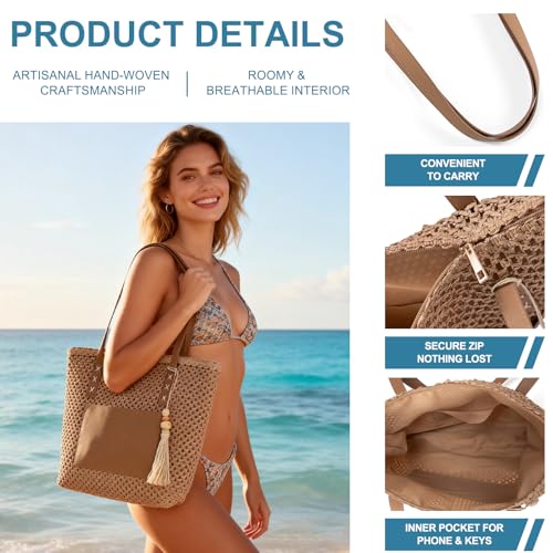 Bolso tipo tote de playa de paja para mujer miniatura 6
