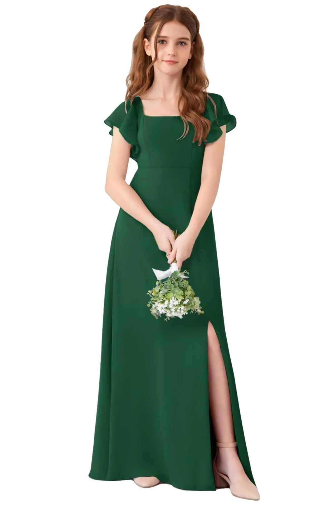 Vestidos de dama de honor de manga corta para niñas, vestido de fiesta formal, vestido largo con abertura baja, Verde esmeralda, 8