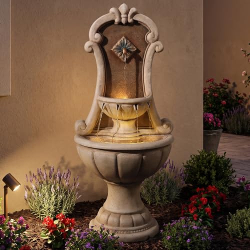 Image of Bumilgar Outdoor Wall Fountain with LED Lights, 48.82 inch H Freestanding Garden Water Fountain Sandstone Curved Scroll Resin, Large Floor Standing Patio European Resin Flat Back Yard