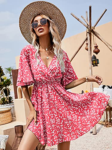 Image of Floerns Women's Tropical Floral Plunging V Neck Tie Open Back Summer Short Dress