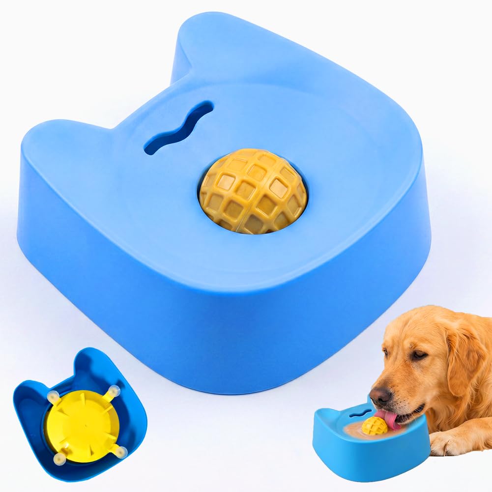Dog Licking Bowl with Ball, Blue Silicone Slow Feeder Lick Mat for Separation Anxiety, Interactive Treat Dispensing Suction Cup Lick Pad for Dogs, Boredom Reducer for Bath, Grooming (14cm)