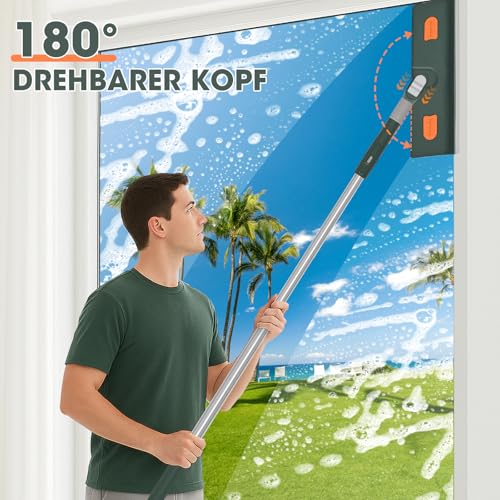 Flow fire 250 cm Fensterabzieher mit Teleskopstiel Kopf und Teleskopstange, Professioneller Teleskop Fensterwischer mit Silikonschaber und Mikrofaserschrubber, Geeignet für Innen und Außenfenster