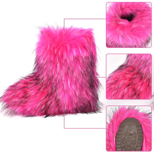 Image of Fashion Fur Boots,Flat Heel Comfy Plush Warm Snow Booties,2025 Winter Outdoors Furry Boots,Mid-Calf Faux fur Boot for Women.