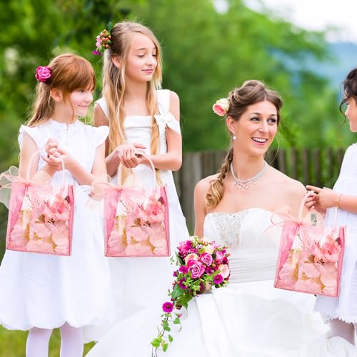Sayglossy 24 Pcs Clear Pink Gift Bags with Handles 6.3 x 5.9 x 2.8 Inch Wedding Transparent Glitter Tote with Ribbons Reusable PVC Gift Wrap Bags for Baby Bridal Shower Birthday Party