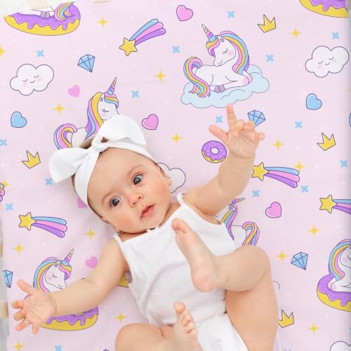 Image of 4 Pack Unicorn Baby Girl Crib Sheet Set, Rainbow Soft Breathable Fitted Pink Purple Crib Sheet, Cute Princess Nursery Decor for Standard Crib and Toddler Bed Mattresses 28 x 52 in