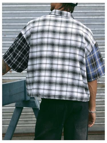 Men's Plaid Oversized Tshirts Color Block Half Sleeve Button Down Tee Shirt Streetwear3