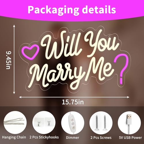 Image of Will You Marry Me Sign,USB Powered Marry Me Light Up Letters with Dimmer and Sticky Hook, Wall Decor Neon LED Signs for Marriage Proposal Valentine's Day Decorations15.75 x 9.45 inch