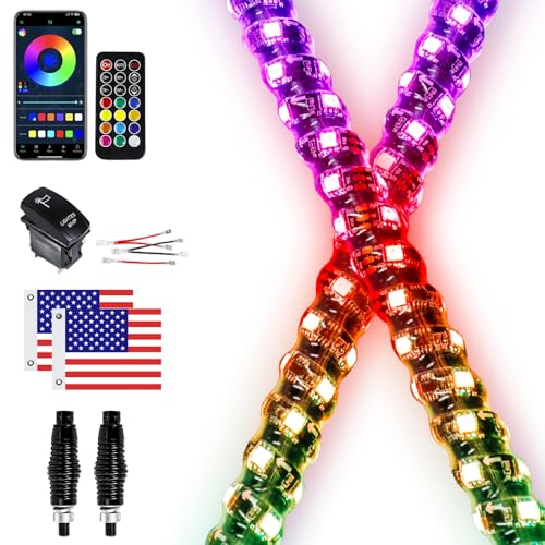 Vi9000 QGD-4FTT02Y1 2 Pack 4Ft Whip Lights With Spring Base, Led Whip Light With App & Remote Control, Spiral Rgb Chasing Lighted Whips With Rocker Switch, Music Whip Light For Utv Atv cover