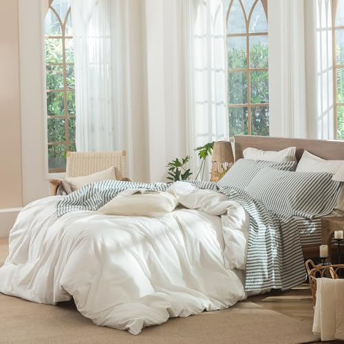 Image of MooMee Striped Sheet Set 100% Washed Cotton Linen Like Cal King