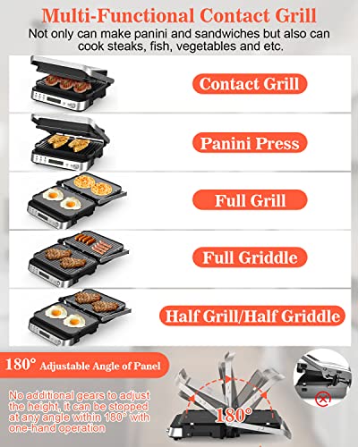 5 In 1 Indoor Grill, Panini Press Grill Sandwich Maker, Cattleman Cuisine Electric Contact Grill And Griddle With Removable Nonstick Grill Plates, Smart Probe, Lcd Display, Stainless Steel, 1600W #TOP1