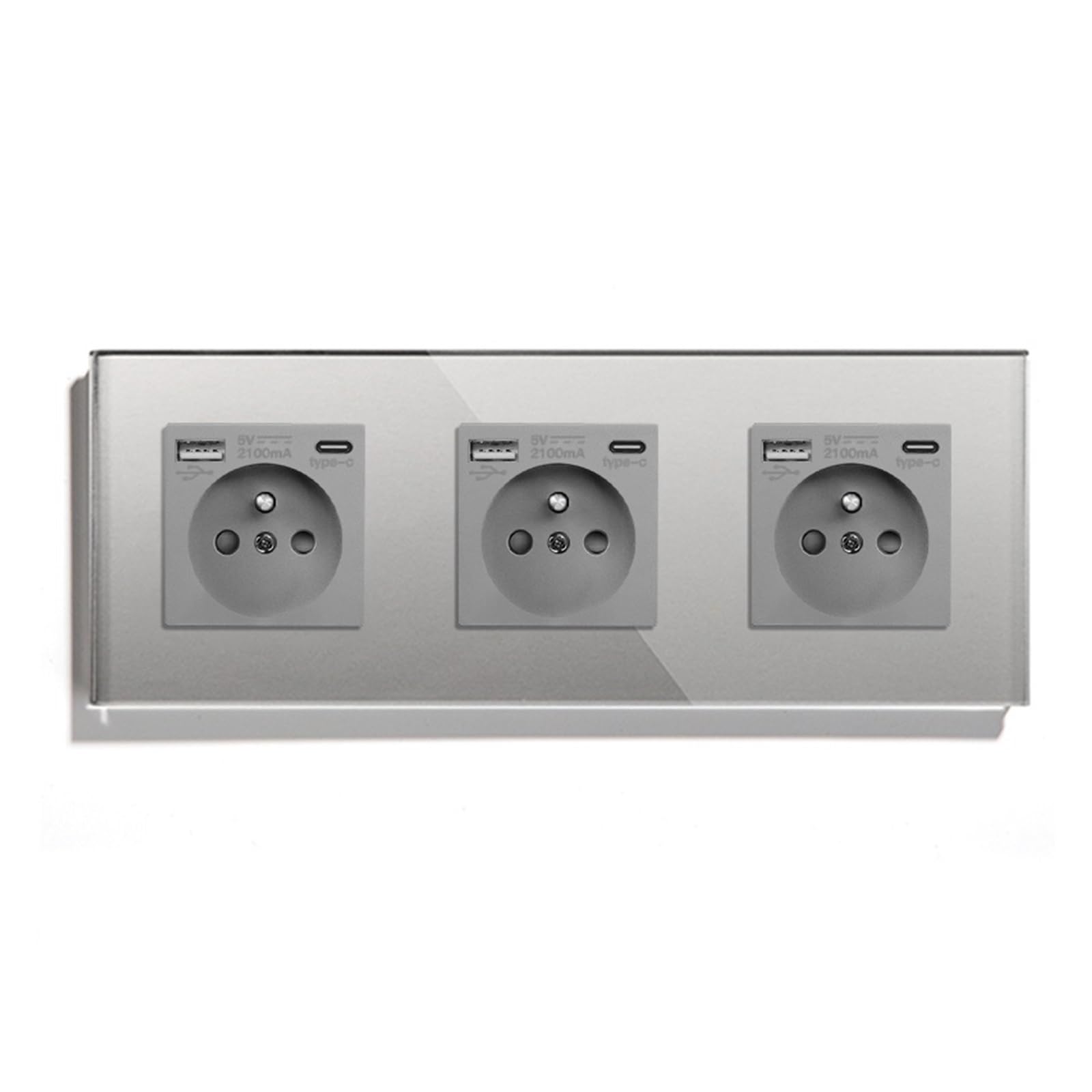 Prises de courant murales simples, Standard français, Double prise de Port USB type-c, panneau en verre cristal, Protection des enfants 16A(Triple Socket Gray)