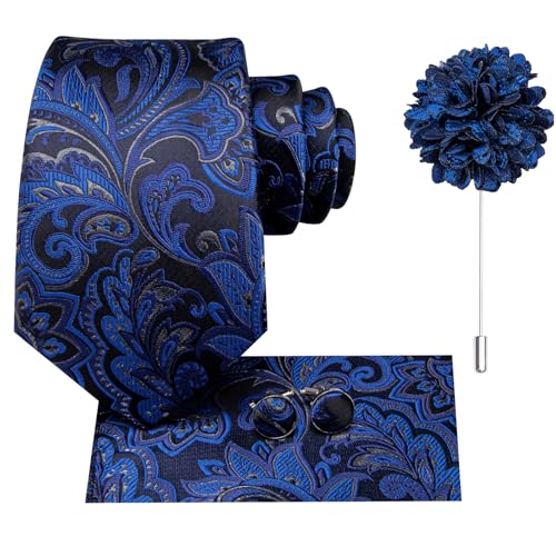 Image of Hi-Tie Men's Silk Ties Formal Woven Classic Necktie Pocket Square Cufflinks Lapel Pin Set Wedding Business