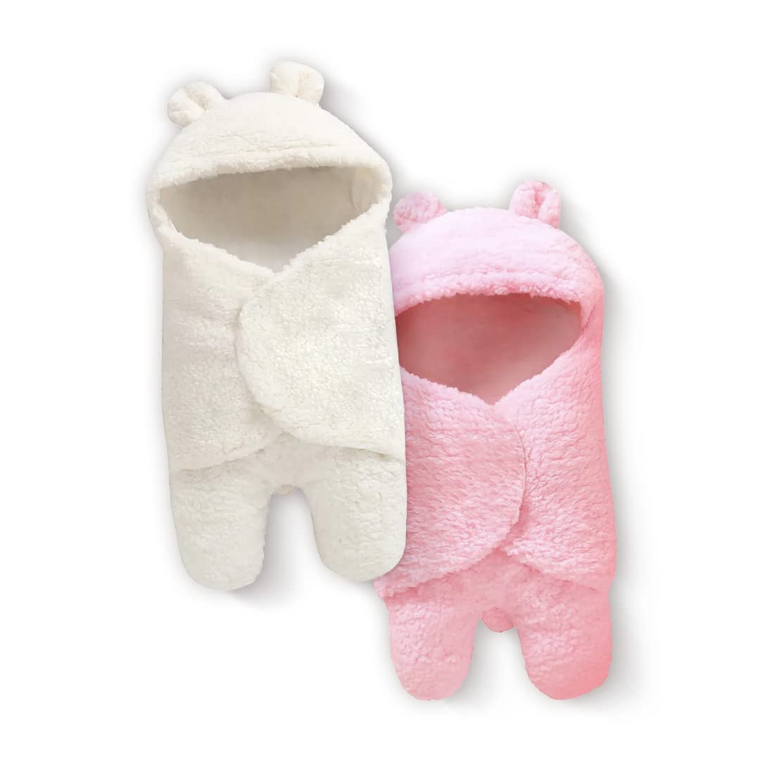 2Pcs Baby Boy's Baby Girl's 3 in 1 Fleece Hooded Blanket 0 to 12Months Hooded Sleeping Bag Swaddle for Infants Toddler Wrapper Gift Set White Pink 2 Count (Pack of 1) Wrapper Whitepink