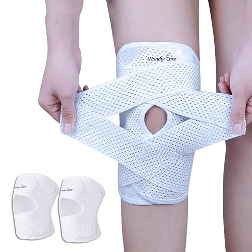 Image of Wonder Care Adjustable Wrap Knee Support Brace, Air Mesh Fabric Knee Brace Cap for Pain Relief, Sports, Arthritis, Running Protection Men Women [White] (2, S)