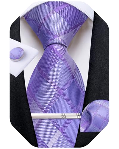Image of DiBanGu Plaid Ties for Men Silk Checkered Necktie and Pocket Square Cufflinks Tie Clip Set with Gift Box for Wedding Business