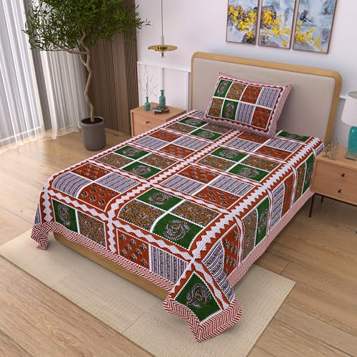 Image of 100% Cotton Single Bedsheet with 1 Pillow Cover | 240 TC Pure Cotton Flat Bed Sheet | Traditional Jaipuri Printed Bedding Set | Soft & Breathable | 60 x 90 Inch (Rangmahal Single 63)