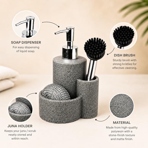 Image of MARKET 99 Kitchen Soap Dispenser (360 ML) | Grey Polyresin Dish Wash Liquid Holder | Matte Cylindrical Sink Accessory with Tiered Stone Finish for Kitchen Countertop