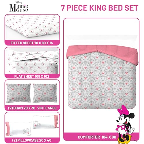 Image of Disney Minnie Mouse King Comforter Set 7 Piece Bedding for Girls, Grey | Bed in a Bag, Comforter Sheets Shams Pillowcases, Official Product, Soft Microfiber, Machine Washable, Girls Gift