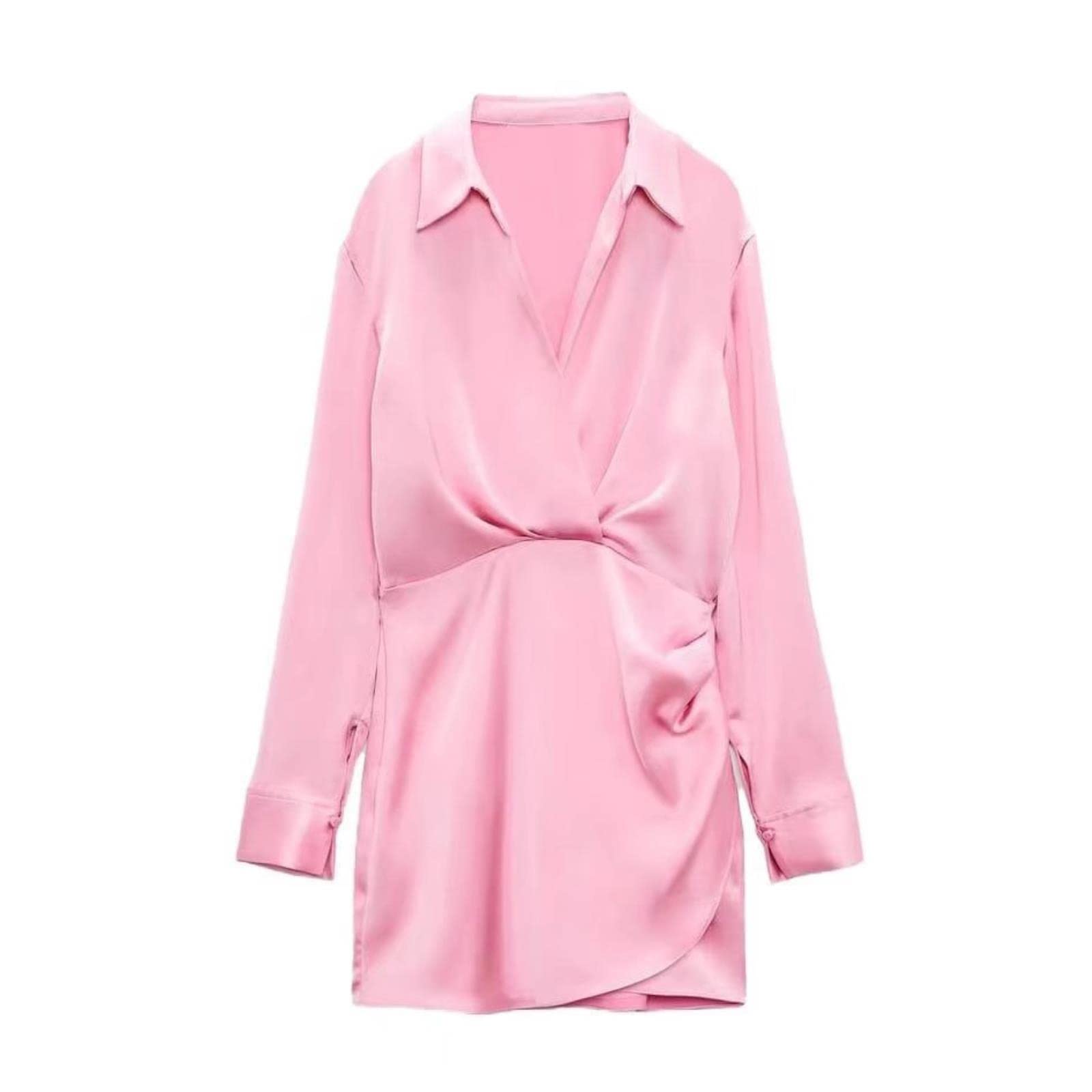 Mini vestido de satén para mujer, primavera y verano, manga larga, cuello de solapa, elegante, estilo camisa, vestido corto, túnica femenina