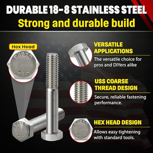 Image of Chenango Supply 3 /8-16 x 2-1 /2 inch Stainless Steel Hex Head Bolts - 304 Stainless, USS Coarse Thread, 100,000-125,000 PSI Tensile Strength, Corrosion-Resistant Hardware Bolts, (25 Pieces, 3 /8-16 x 2.5)