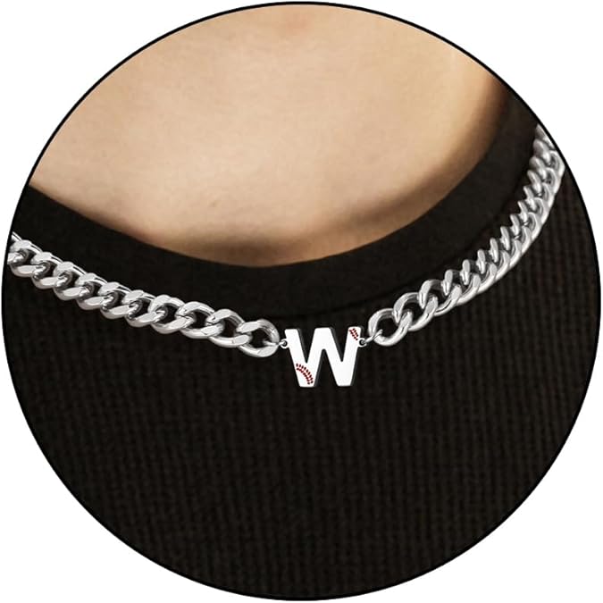 Baseball Necklaces for Boys Stainless Steel Initial Necklace with Letter A-Z 6.5mm Cuban Chain Adjustable Gifts for Men Boys 16+2 Inches