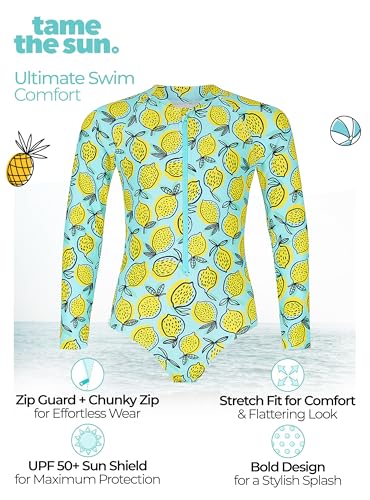 Tame the Sun Long Sleeve Girls' Swimsuit - Rash Guard with Frills, UPF 50+ Zipper Swimwear - Bathing Suit for Ages 3-124