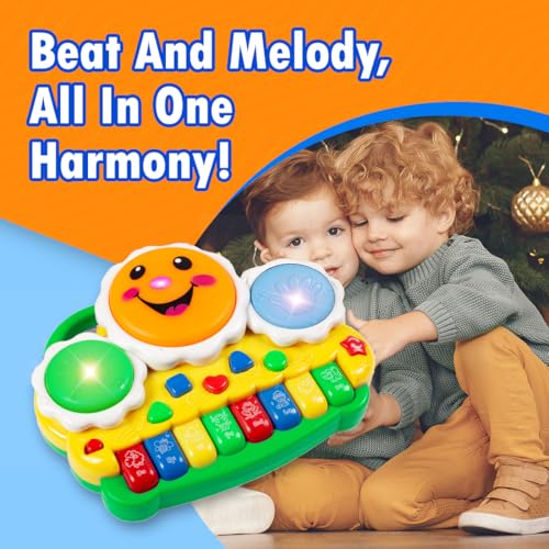 Image of Gooyo GY-88034 Musical Drum & Electronic Piano Keyboard Toy with Animals Sounds Flashings Lights & Music | Piano Keyboard Toy for Kids | Green | 3xAA Battery (Not Included) | Gift Box Packaging