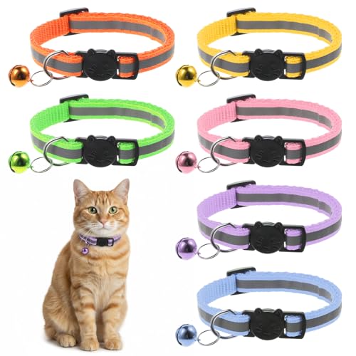 TIESOME 6 Stück Reflektierend Katze Halsband Katzenhalsbänder mit Schnellverschluss Katzenhalsband mit Glöckchen Verstellbar 2032 cm für Welpen kleine Hunde und Katzen Halsband Kat für Außen Innen