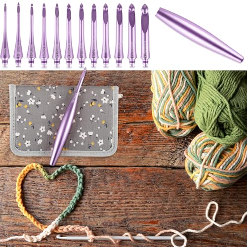 Image of Svartur Interchangeable Crochet Hook Set with 12 Hooks - Ergonomic Crochet Hooks Large Handle, US Sizes E-4 to N-15 (3mm-10mm), Smooth & Lightweight, Crochet Kit with Storage Case, Purple