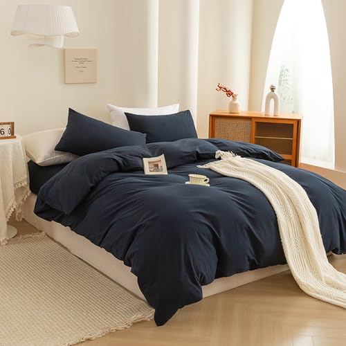 Image of ECOCOTT Navy Blue Duvet Cover Super Queen Size - 100% Washed Cotton Durable Soft Comfy Bedding Set, 3 Pieces Duvet Cover with Zipper Closure (Navy Blue, 98''x90'')