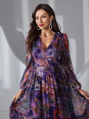 Image of TOLEEN Summer Casual Dresses for Women 2024 Spring Fashion Boho V Neck Long Sleeve Ruffle Floral Print Elegant Maxi Dress